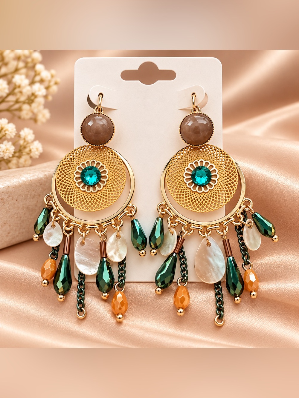 Gold Statement Hoop Earrings with Teal & Brown Accents